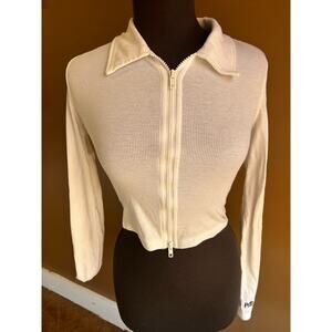 Women's Medium Cropped Long Sleeve Ribbed Top Blouse GUC Off White